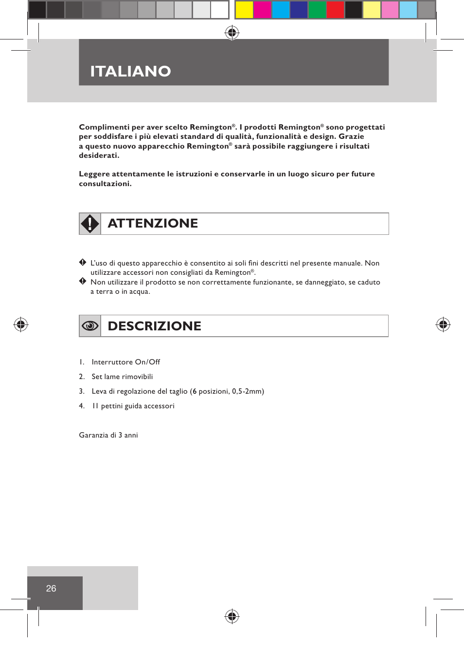 Italiano, Attenzione, Descrizione | Remington HC5030 User Manual | Page 28 / 110