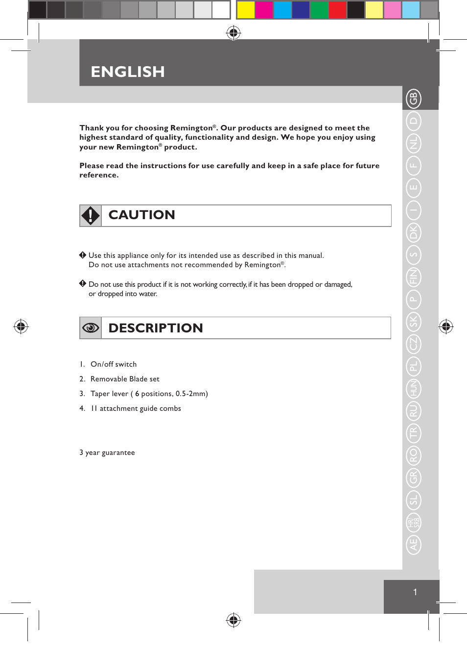 English, Caution, Description | Remington HC5030 User Manual | Page 3 / 110