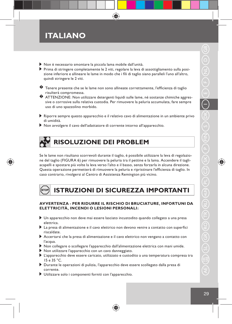 Italiano, Risoluzione dei problem, Istruzioni di sicurezza importanti | Remington HC5030 User Manual | Page 31 / 110