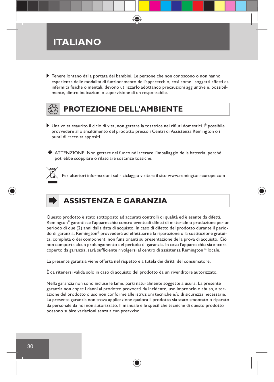 Italiano, Protezione dell’ambiente, Assistenza e garanzia | Remington HC5030 User Manual | Page 32 / 110