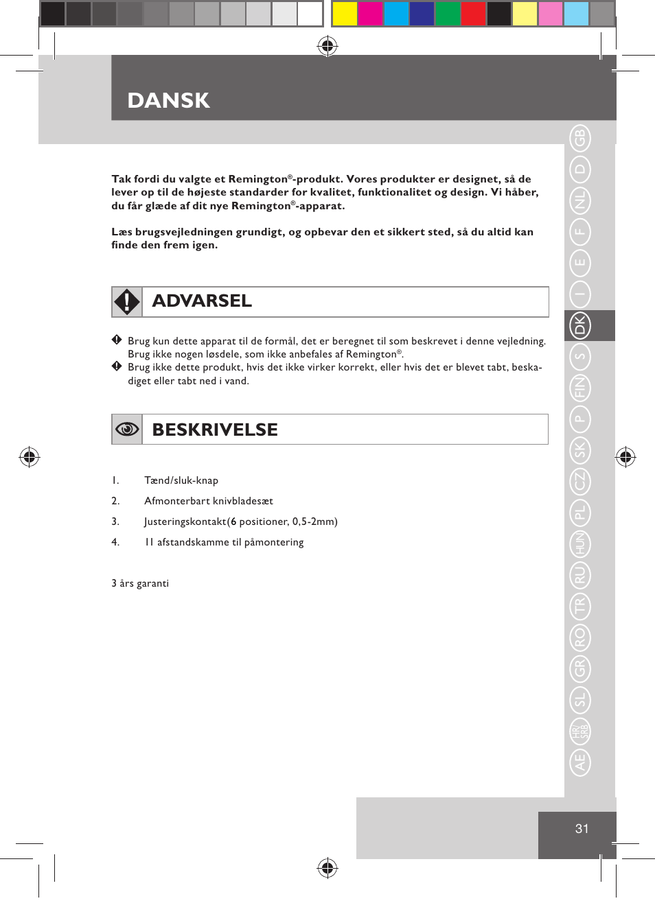 Dansk, Advarsel, Beskrivelse | Remington HC5030 User Manual | Page 33 / 110