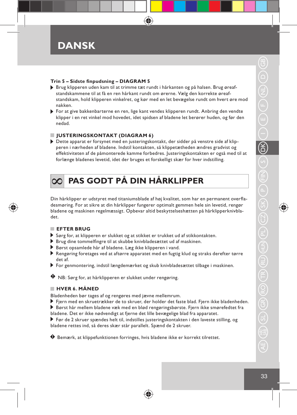 Dansk, Pas godt på din hårklipper | Remington HC5030 User Manual | Page 35 / 110