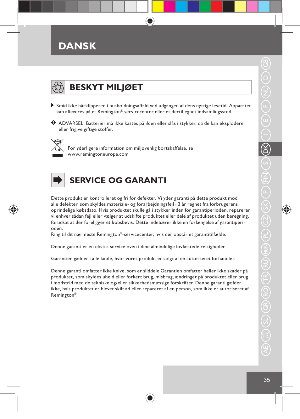 Dansk, Beskyt miljøet, Service og garanti | Remington HC5030 User Manual | Page 37 / 110