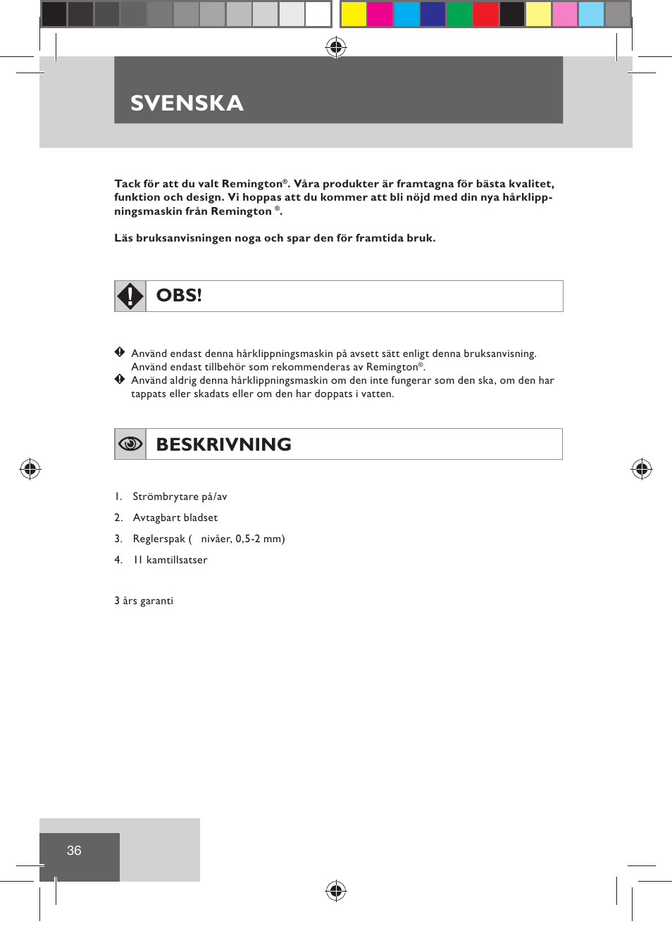 Svenska, Beskrivning | Remington HC5030 User Manual | Page 38 / 110