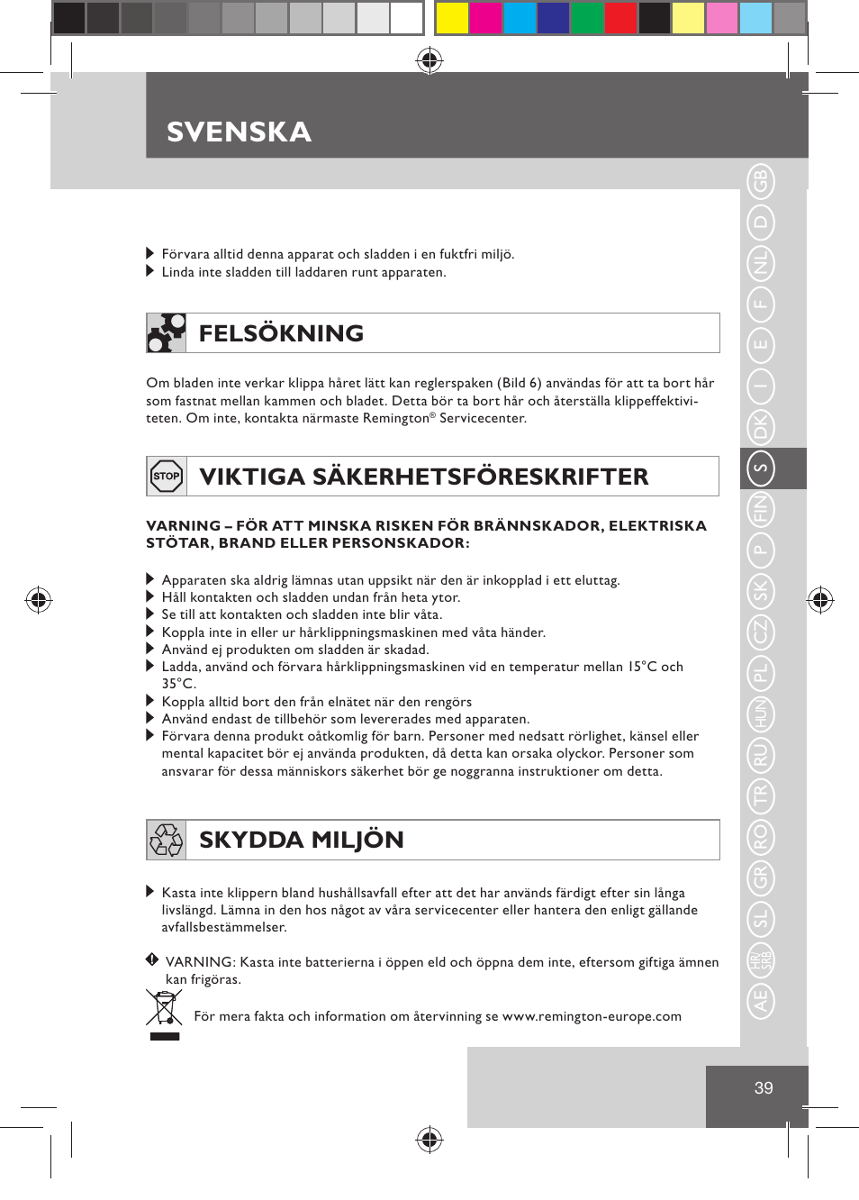 Svenska, Felsökning, Viktiga säkerhetsföreskrifter | Skydda miljön | Remington HC5030 User Manual | Page 41 / 110