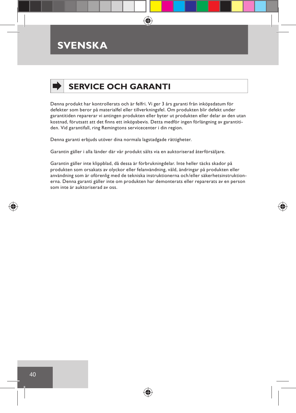 Svenska, Service och garanti | Remington HC5030 User Manual | Page 42 / 110