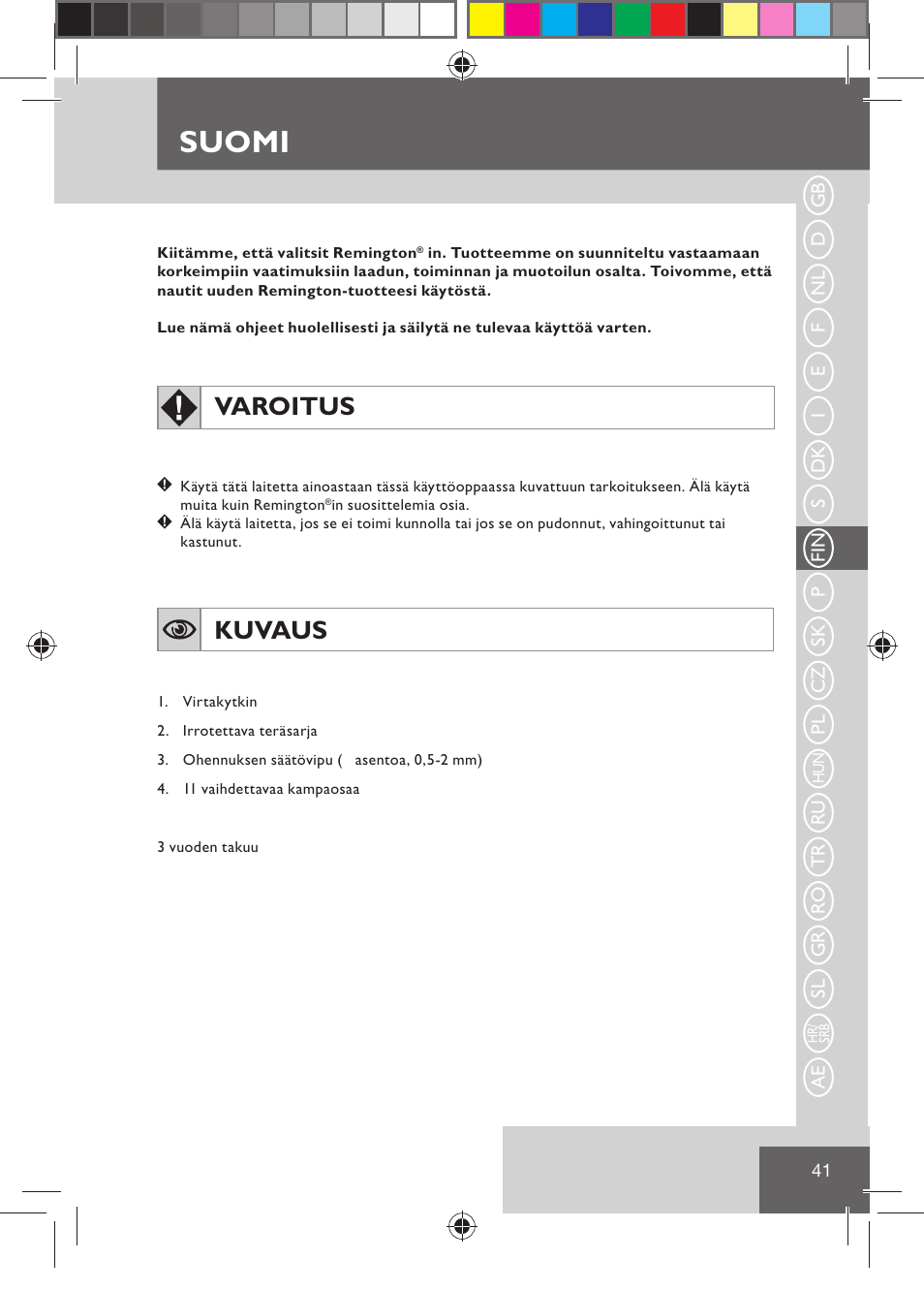 Suomi, Varoitus, Kuvaus | Remington HC5030 User Manual | Page 43 / 110