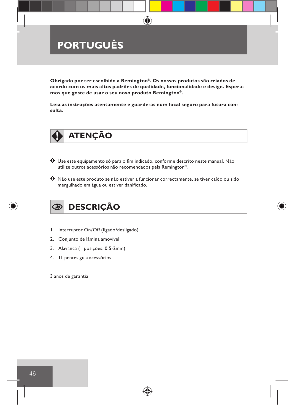 Português, Atenção, Descrição | Remington HC5030 User Manual | Page 48 / 110