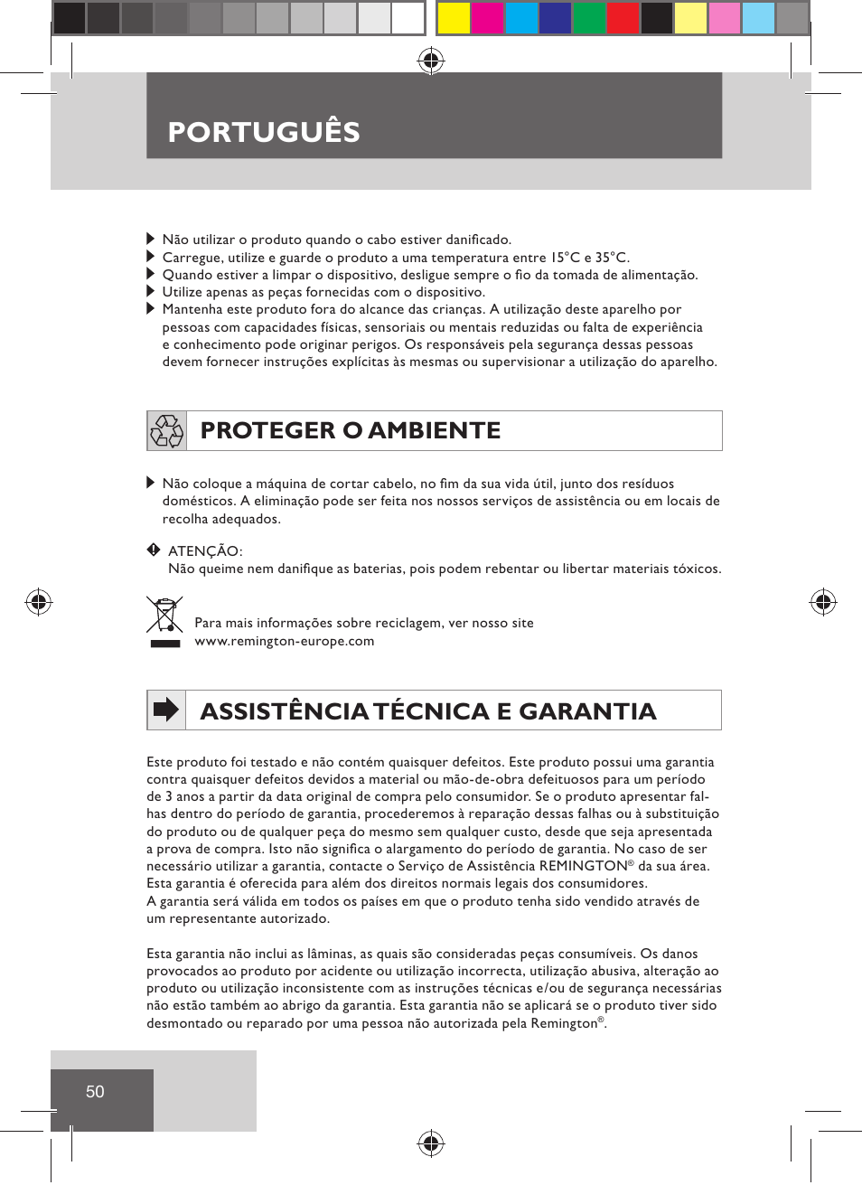 Português, Proteger o ambiente, Assistência técnica e garantia | Remington HC5030 User Manual | Page 52 / 110