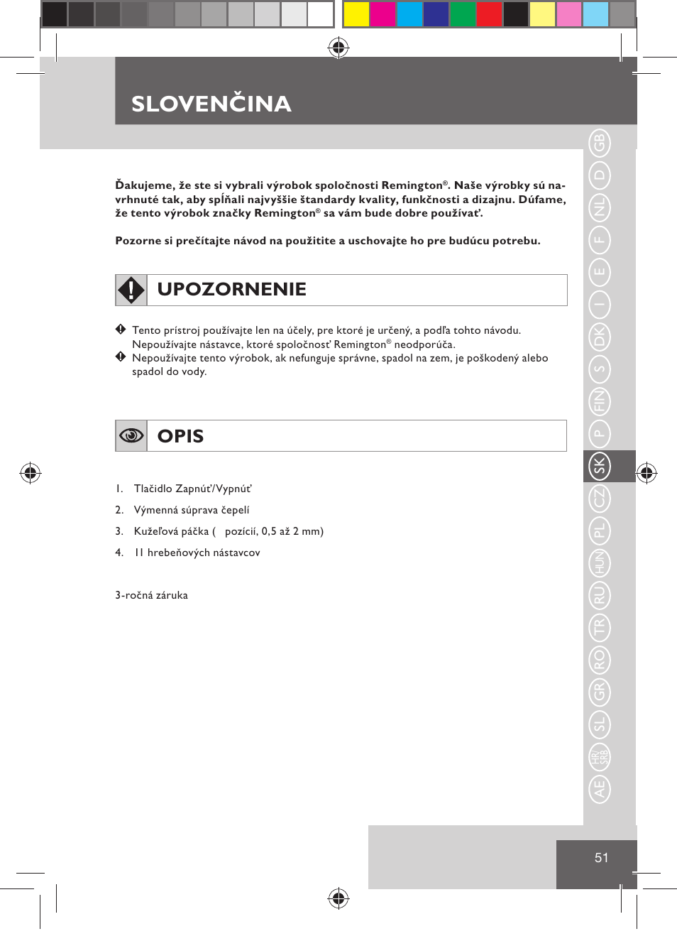 Slovenčina, Upozornenie, Opis | Remington HC5030 User Manual | Page 53 / 110