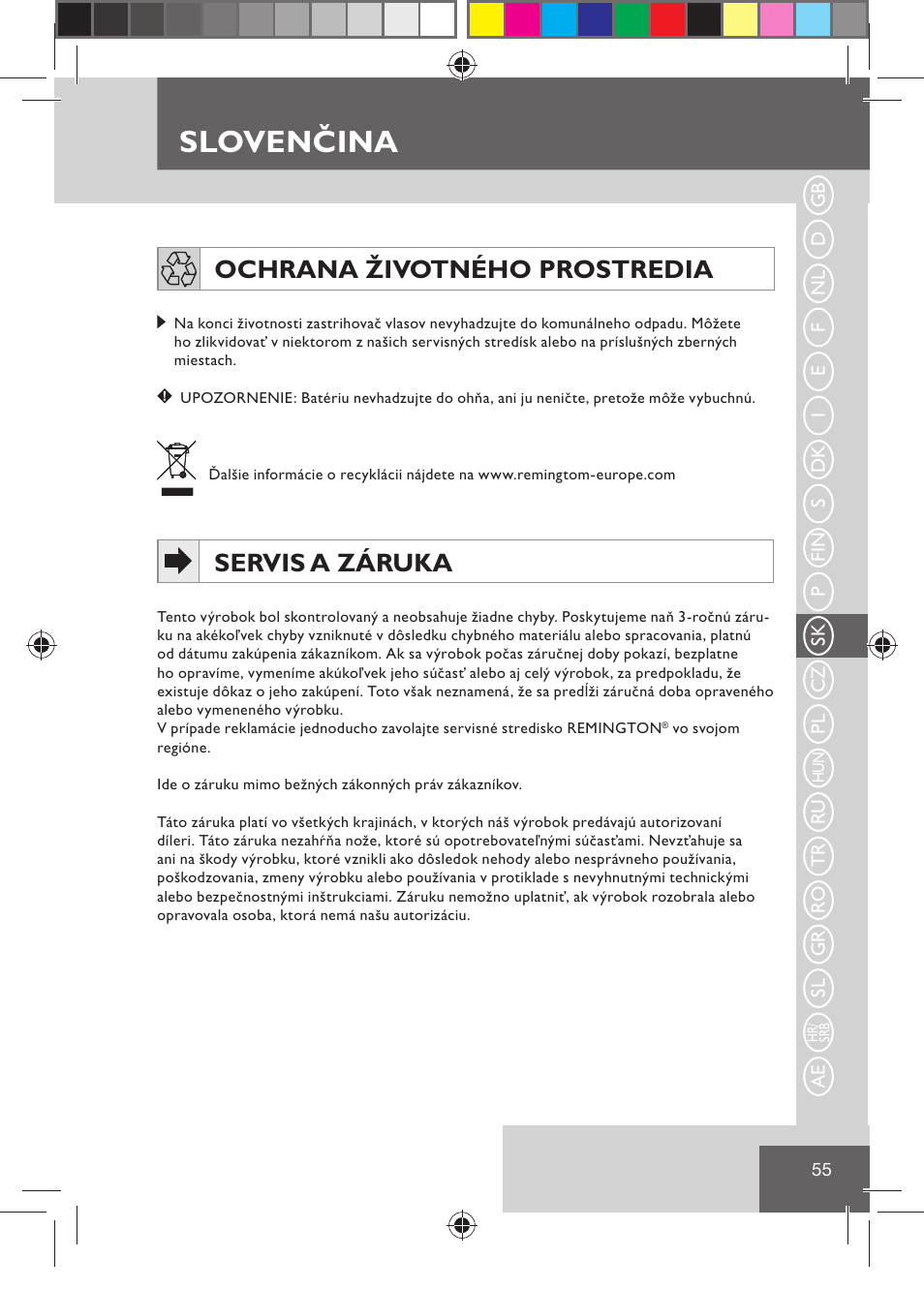 Slovenčina, Ochrana životného prostredia, Servis a záruka | Remington HC5030 User Manual | Page 57 / 110