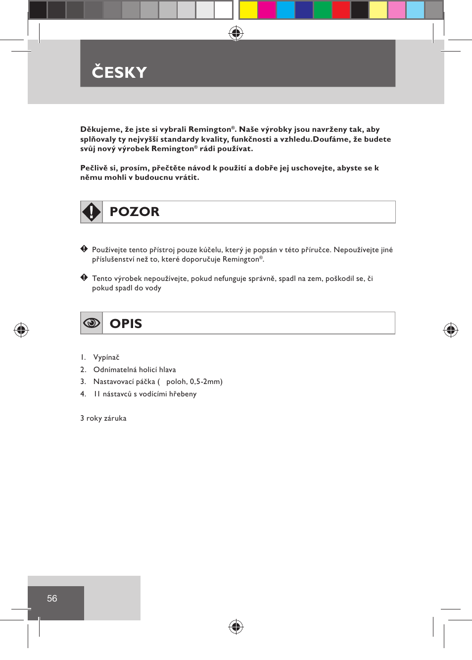 Česky, Pozor, Opis | Remington HC5030 User Manual | Page 58 / 110