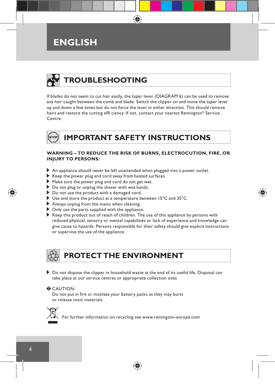 English, Troubleshooting, Important safety instructions | Protect the environment | Remington HC5030 User Manual | Page 6 / 110