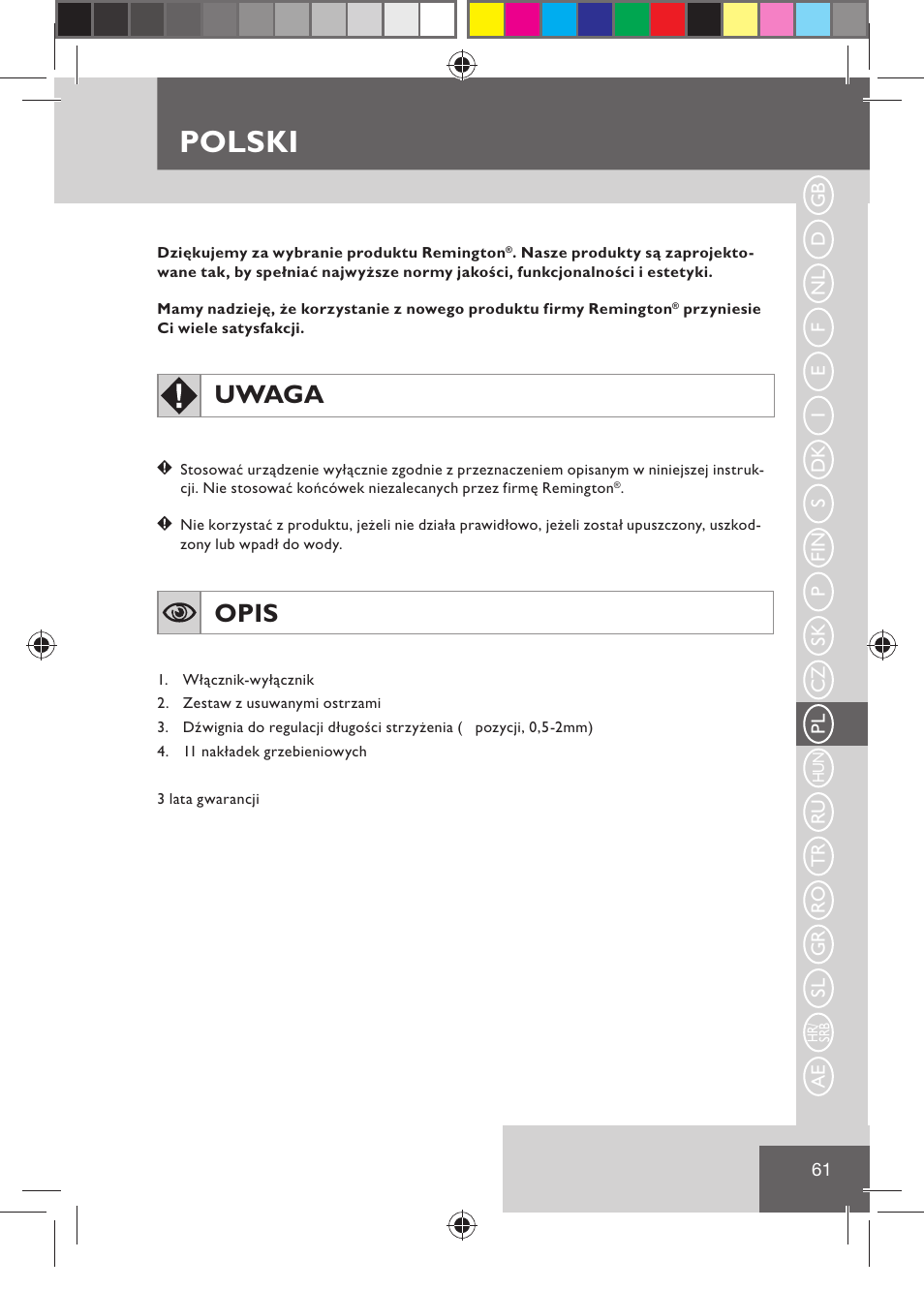 Polski, Uwaga, Opis | Remington HC5030 User Manual | Page 63 / 110