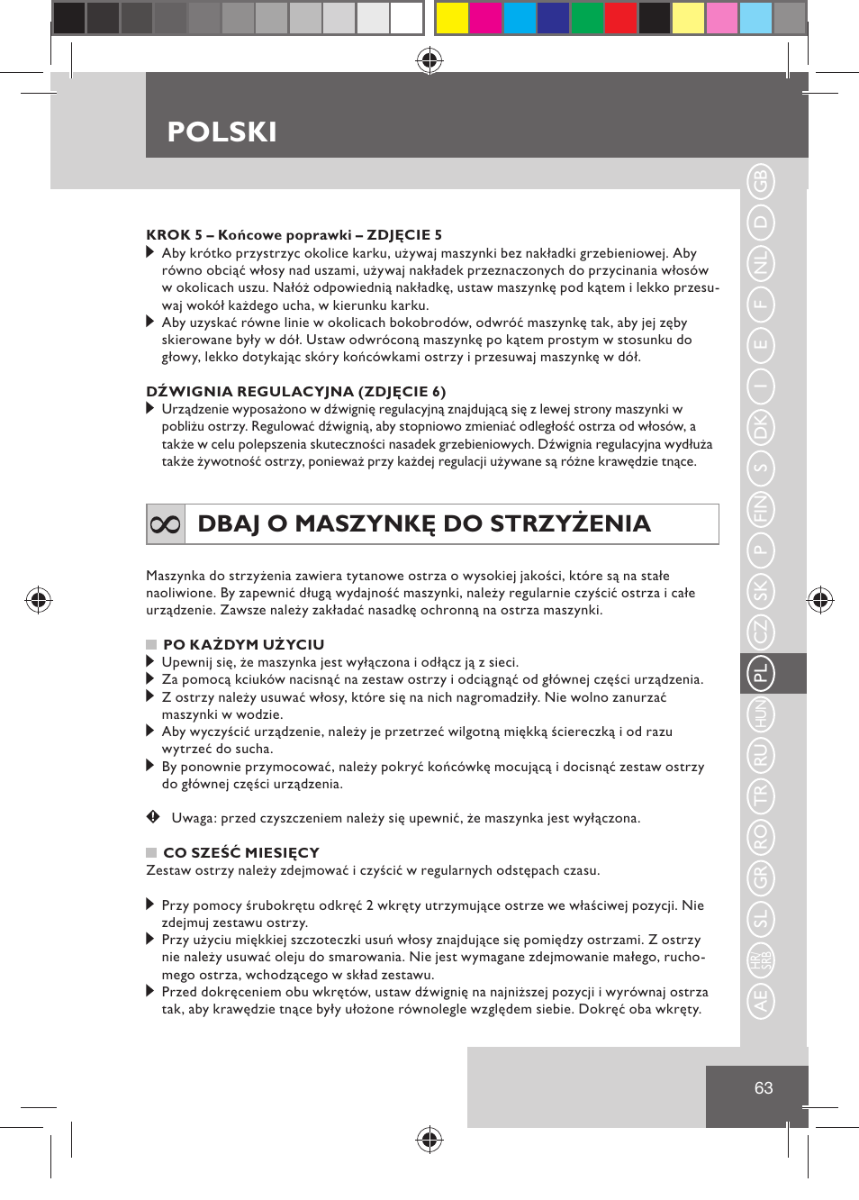 Polski, Dbaj o maszynkę do strzyżenia | Remington HC5030 User Manual | Page 65 / 110