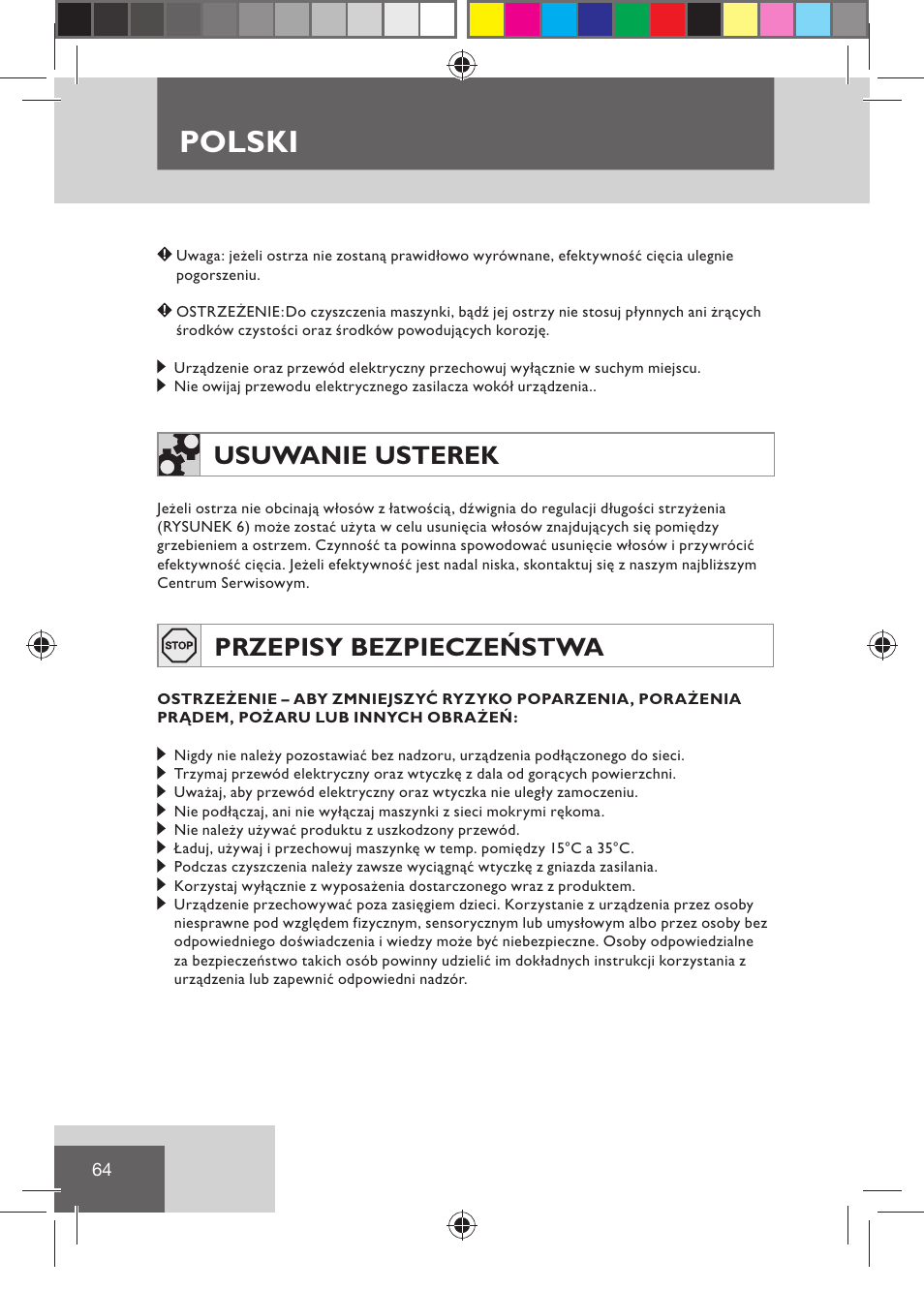 Polski, Usuwanie usterek, Przepisy bezpieczeństwa | Remington HC5030 User Manual | Page 66 / 110