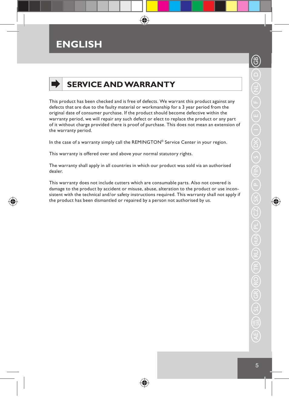 English, Service and warranty | Remington HC5030 User Manual | Page 7 / 110