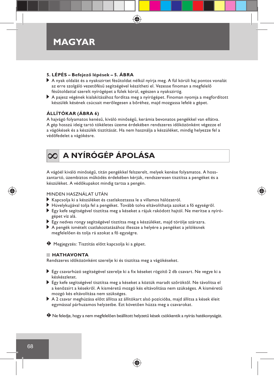 Magyar, A nyírógép ápolása | Remington HC5030 User Manual | Page 70 / 110