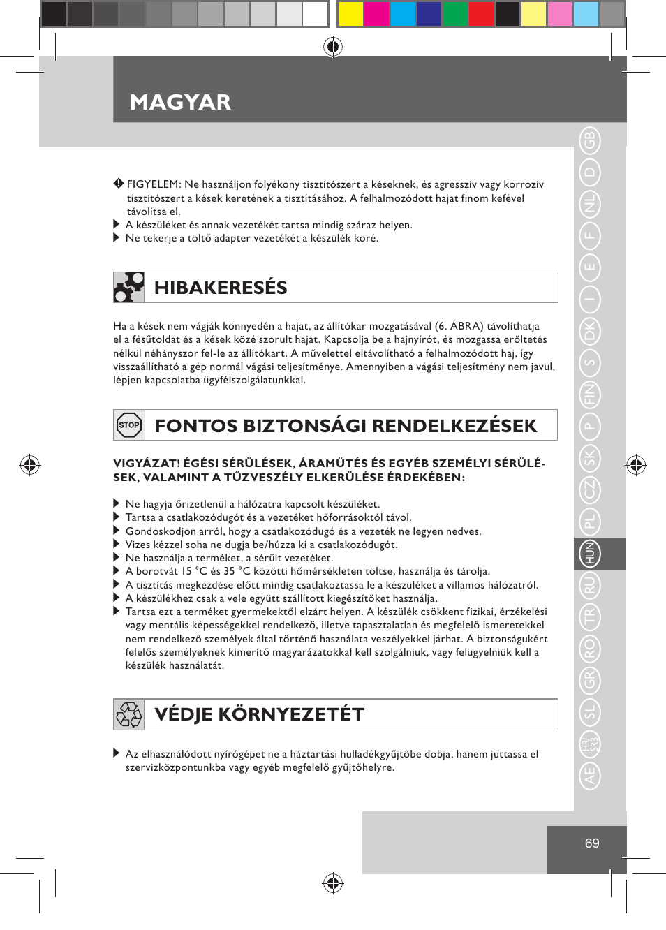 Magyar, Hibakeresés, Fontos biztonsági rendelkezések | Védje környezetét | Remington HC5030 User Manual | Page 71 / 110