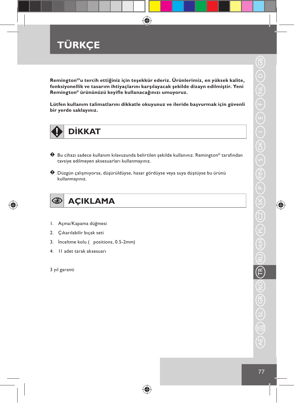 Türkçe, Dikkat, Açiklama | Remington HC5030 User Manual | Page 79 / 110