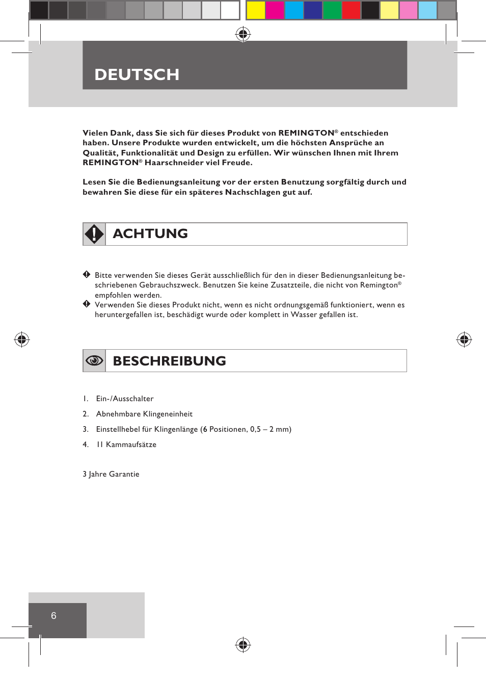 Deutsch, Achtung, Beschreibung | Remington HC5030 User Manual | Page 8 / 110