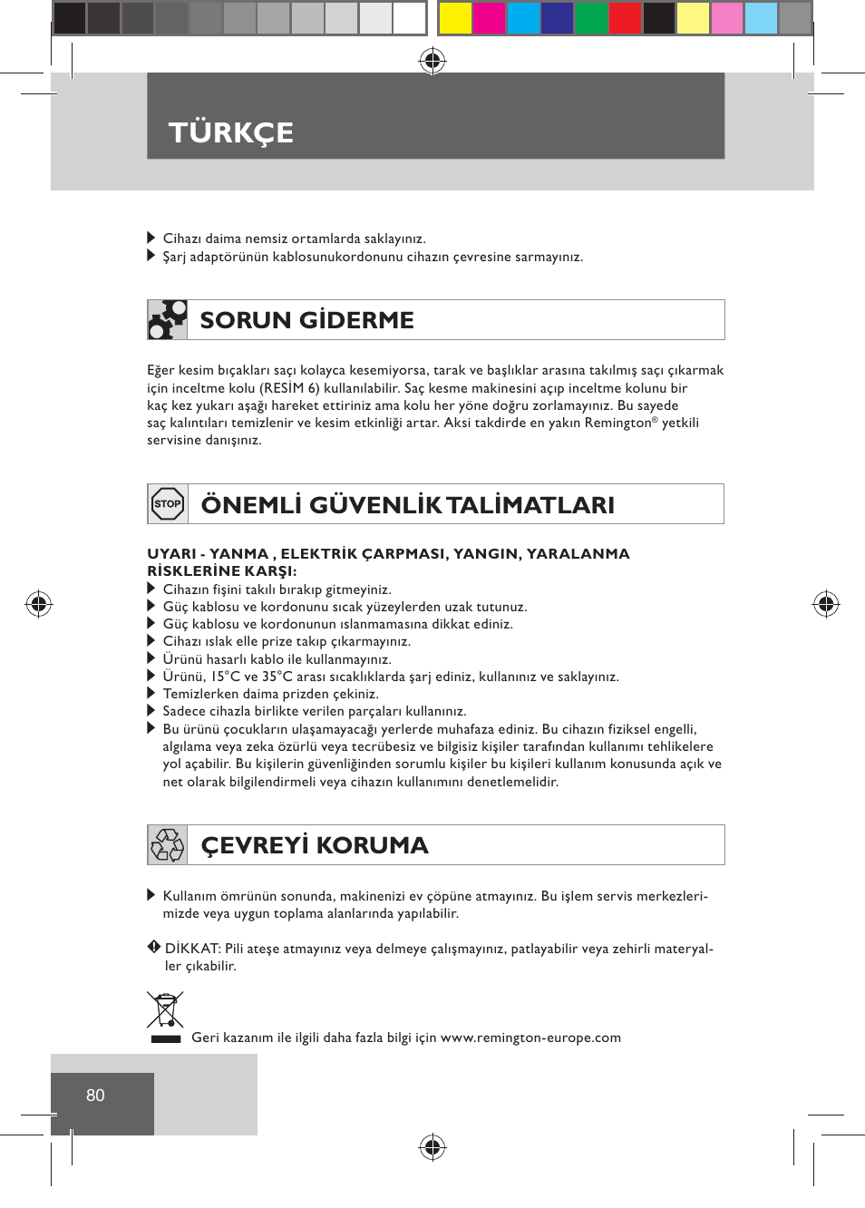 Türkçe, Sorun giderme, Önemli güvenlik talimatlari | Çevreyi koruma | Remington HC5030 User Manual | Page 82 / 110