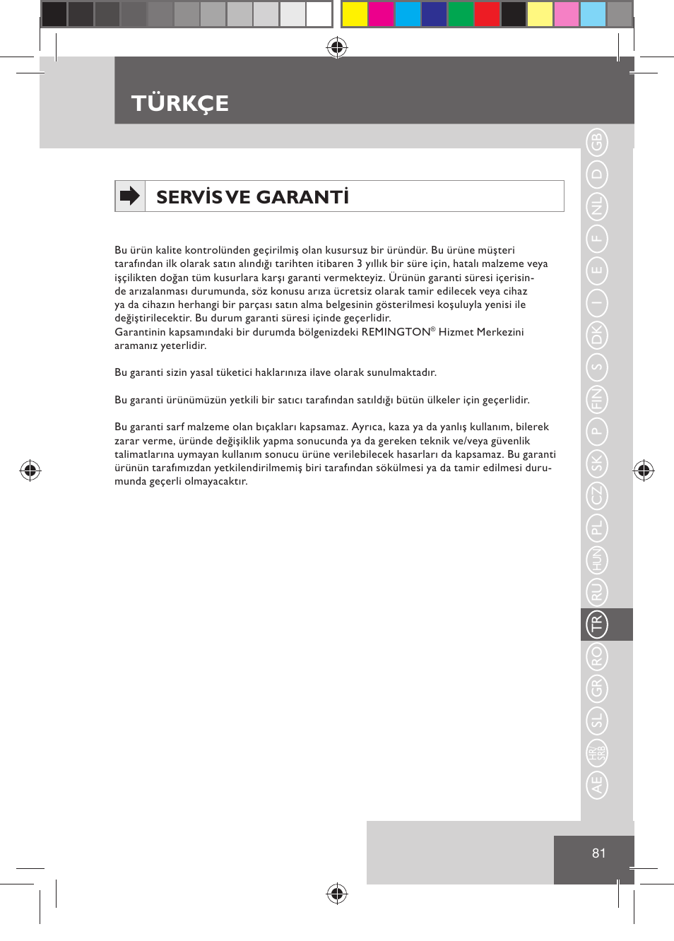 Türkçe, Servis ve garanti | Remington HC5030 User Manual | Page 83 / 110