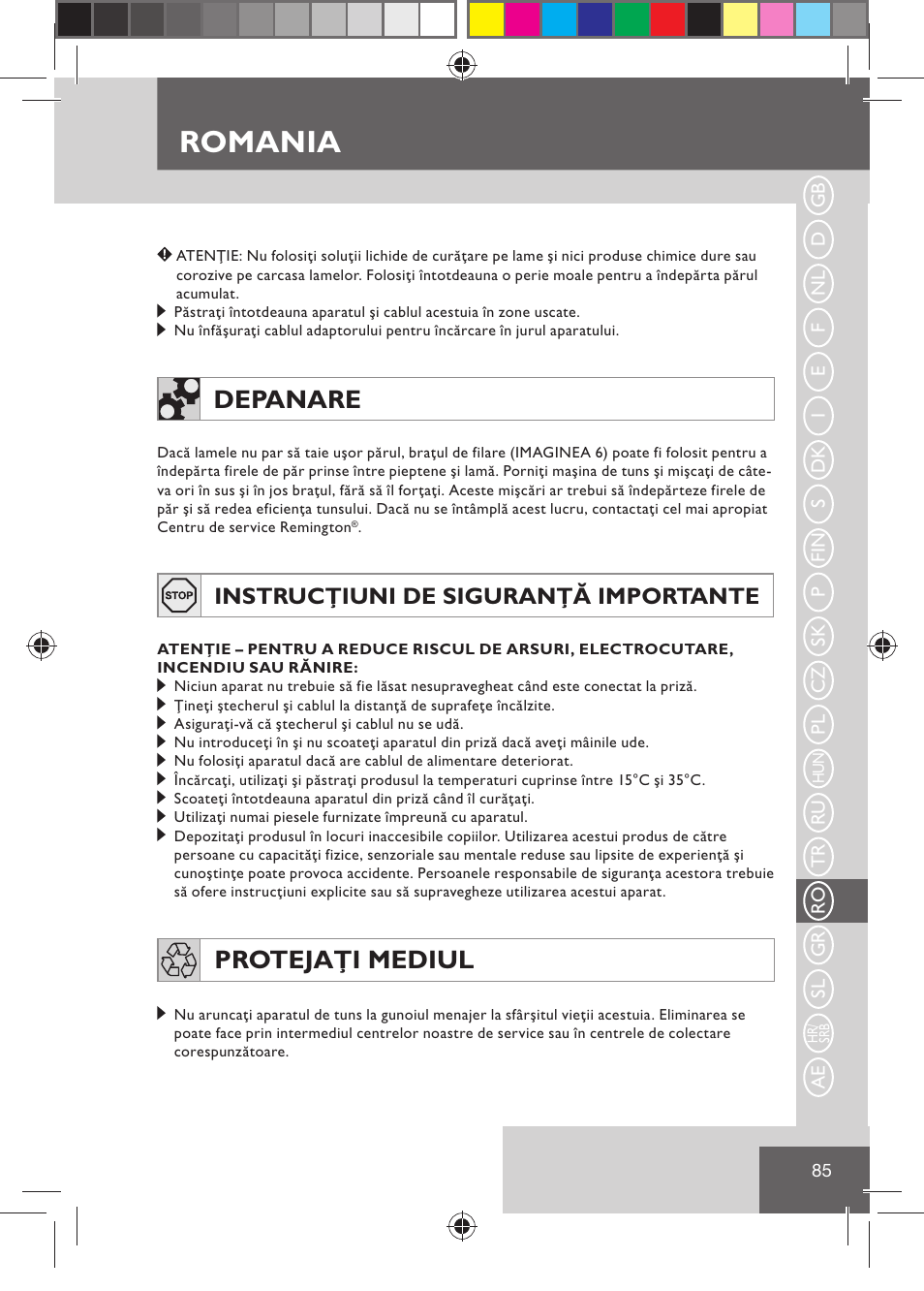 Romania, Depanare, Protejaţi mediul | Instrucţiuni de siguranţă importante | Remington HC5030 User Manual | Page 87 / 110