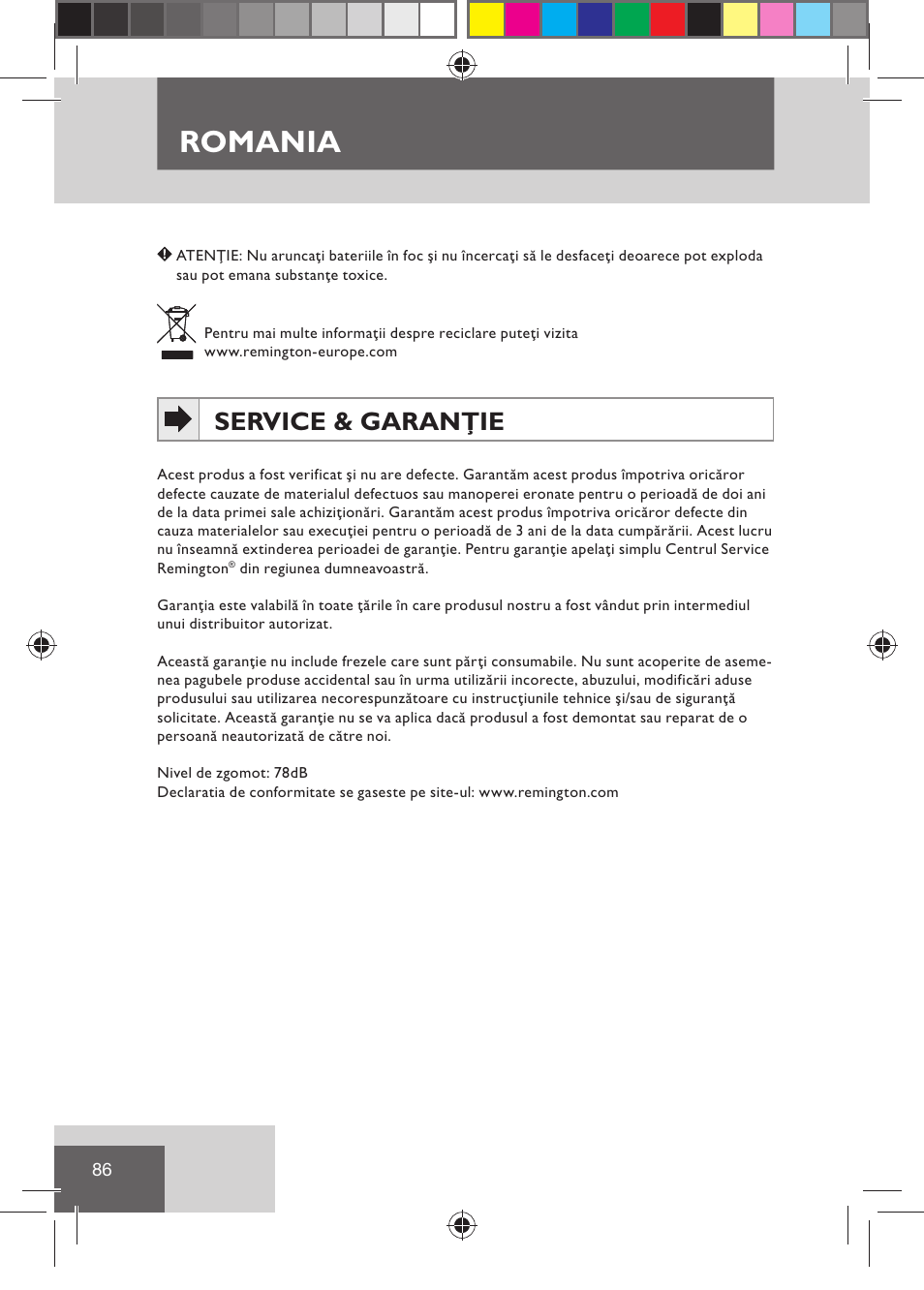 Romania, Service & garanţie | Remington HC5030 User Manual | Page 88 / 110