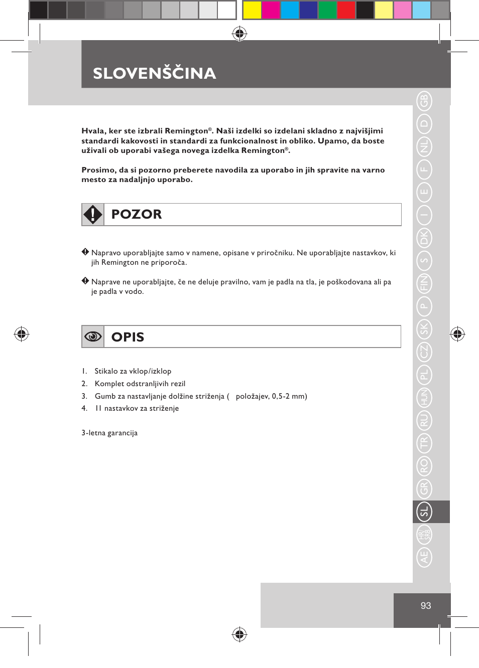 Slovenščina, Pozor, Opis | Remington HC5030 User Manual | Page 95 / 110