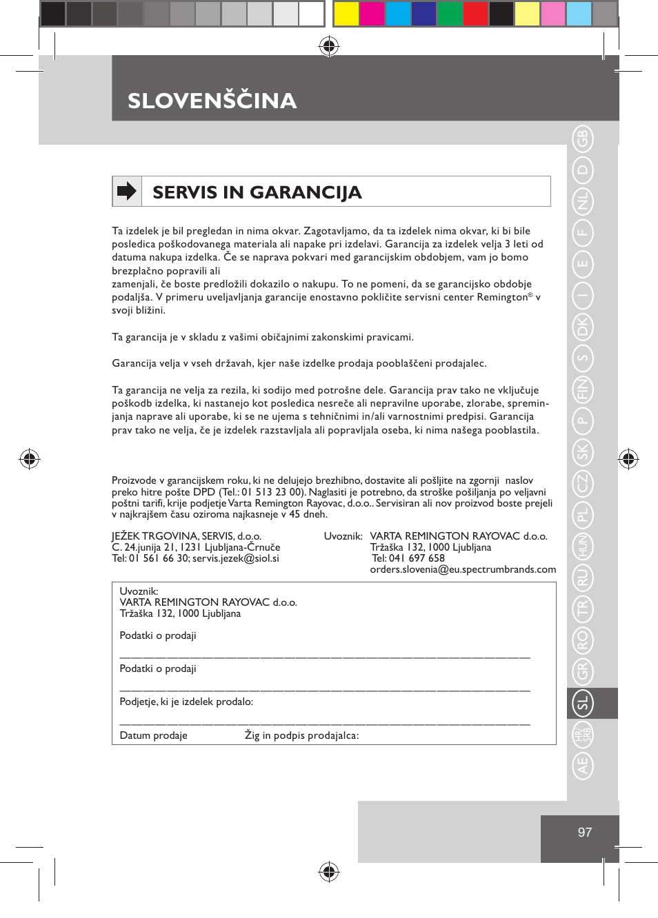 Slovenščina, Servis in garancija | Remington HC5030 User Manual | Page 99 / 110