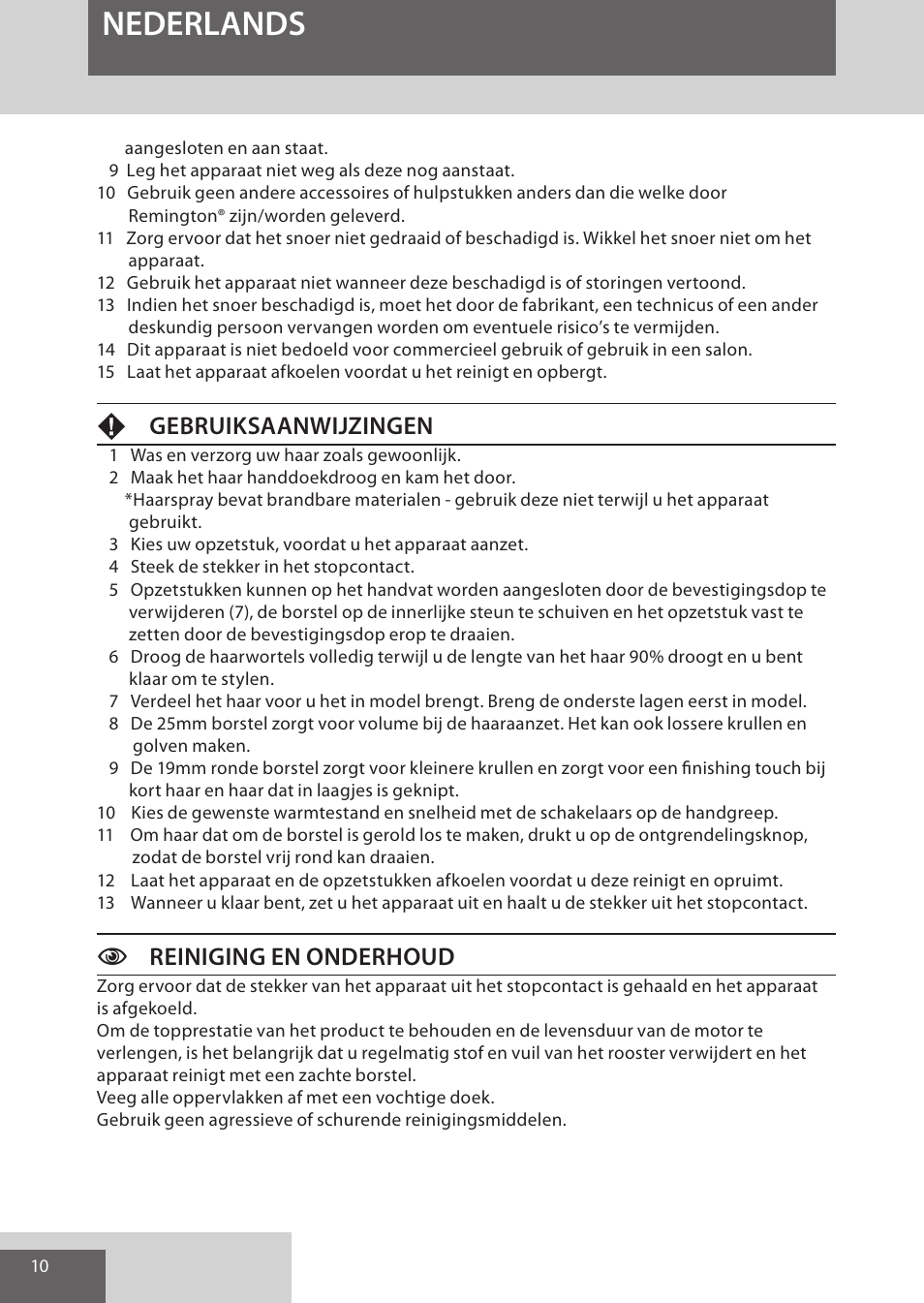Nederlands, Fgebruiksaanwijzingen, Creiniging en onderhoud | Remington AS300 User Manual | Page 10 / 72
