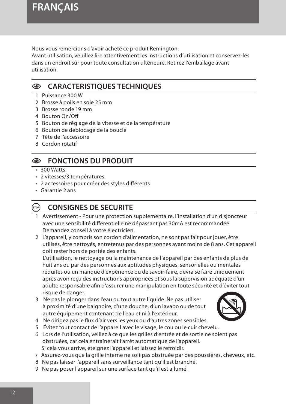 Français, Ccaracteristiques techniques, Cfonctions du produit | Aconsignes de securite | Remington AS300 User Manual | Page 12 / 72