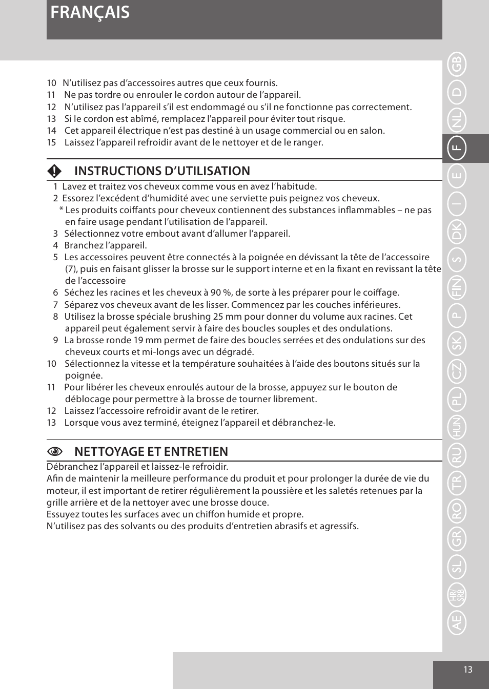 Français, Finstructions d’utilisation, Cnettoyage et entretien | Remington AS300 User Manual | Page 13 / 72