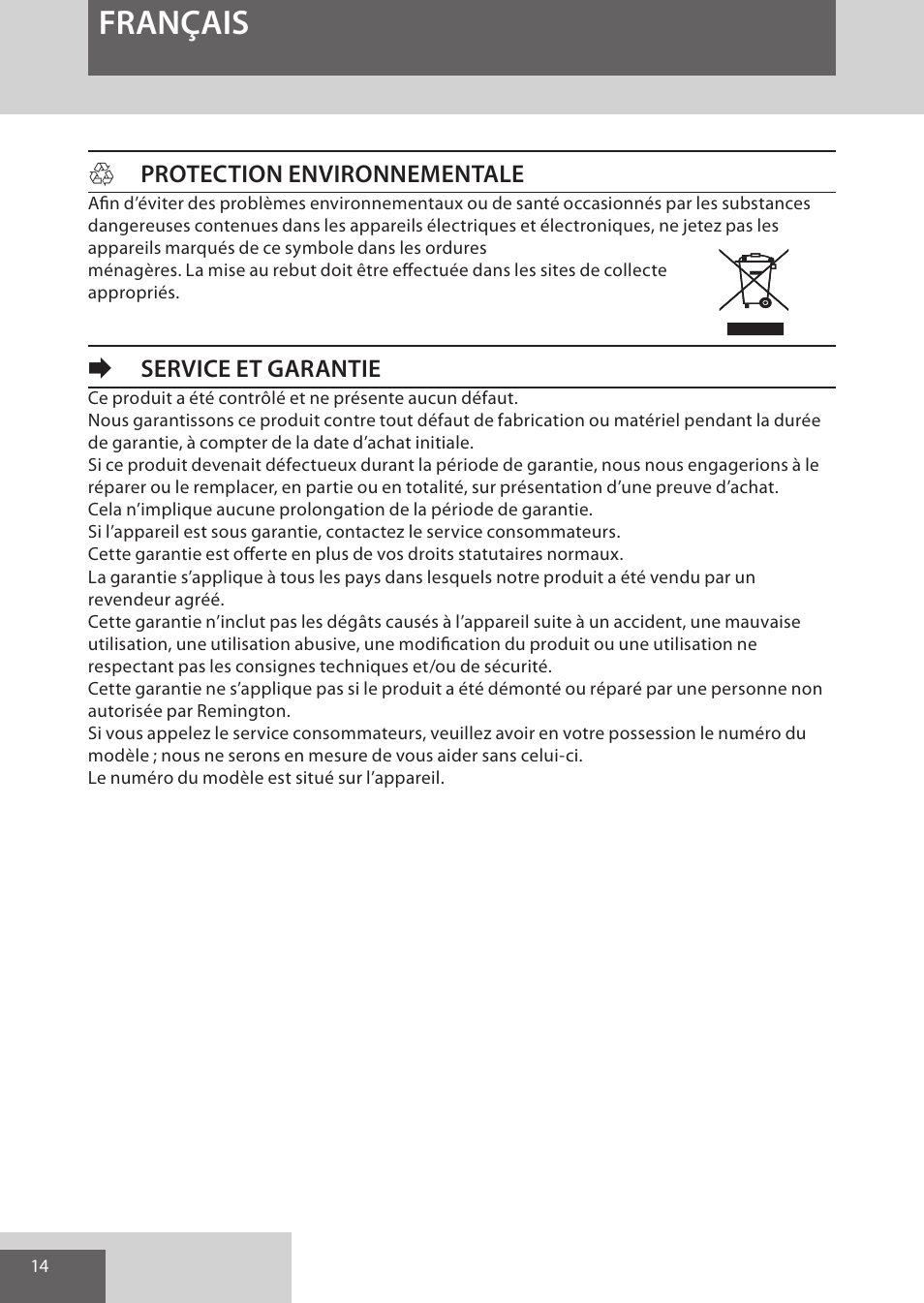 Français, Hprotection environnementale, Eservice et garantie | Remington AS300 User Manual | Page 14 / 72
