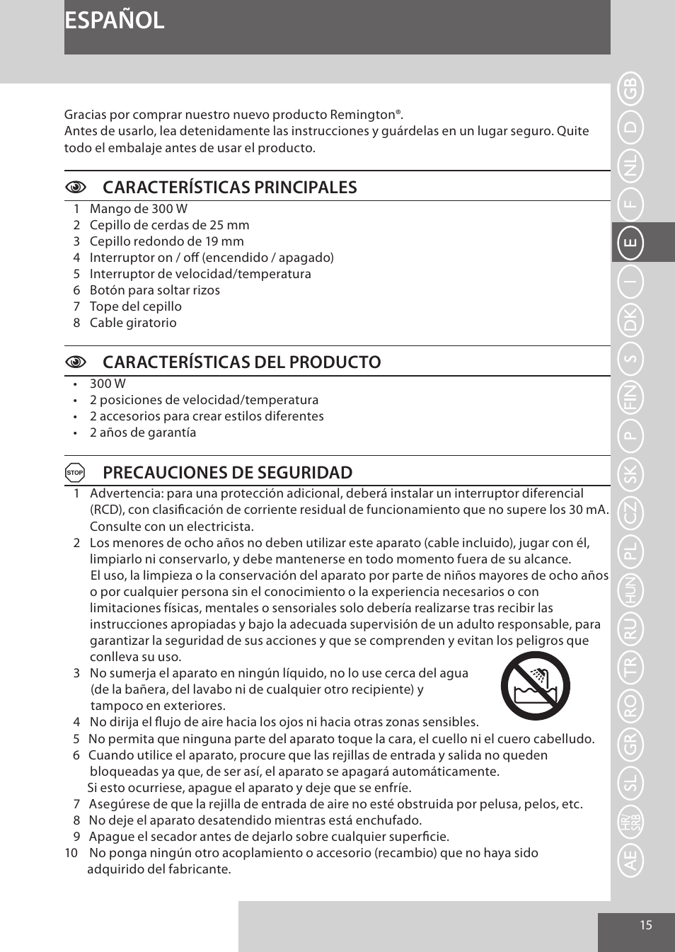 Español, Ccaracterísticas principales, Ccaracterísticas del producto | Aprecauciones de seguridad | Remington AS300 User Manual | Page 15 / 72