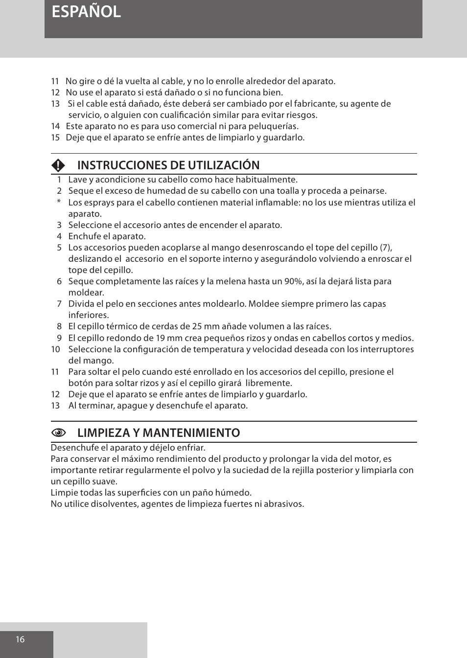 Español, Finstrucciones de utilización, Climpieza y mantenimiento | Remington AS300 User Manual | Page 16 / 72