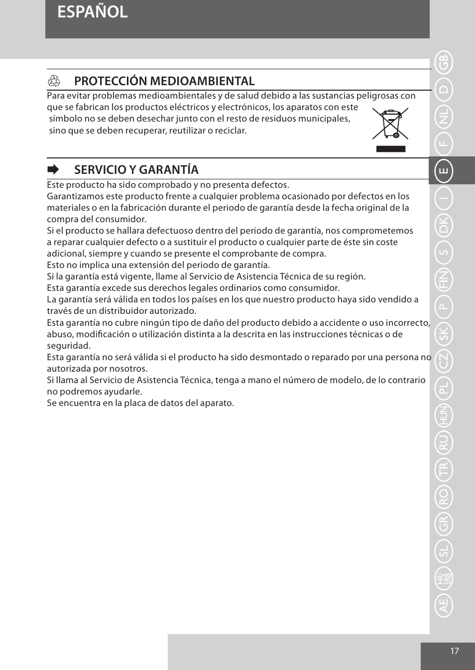 Español, Hprotección medioambiental, Eservicio y garantía | Remington AS300 User Manual | Page 17 / 72