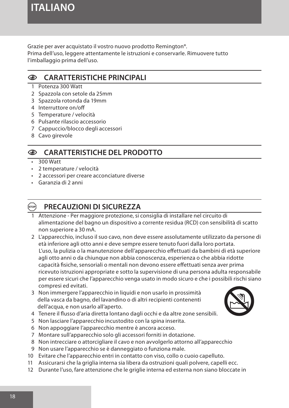 Italiano, Ccaratteristiche principali, Ccaratteristiche del prodotto | Aprecauzioni di sicurezza | Remington AS300 User Manual | Page 18 / 72