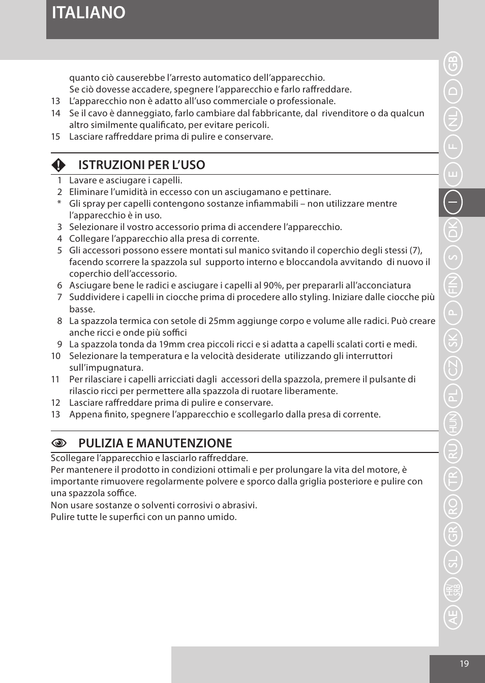 Italiano, Fistruzioni per l’uso, Cpulizia e manutenzione | Remington AS300 User Manual | Page 19 / 72