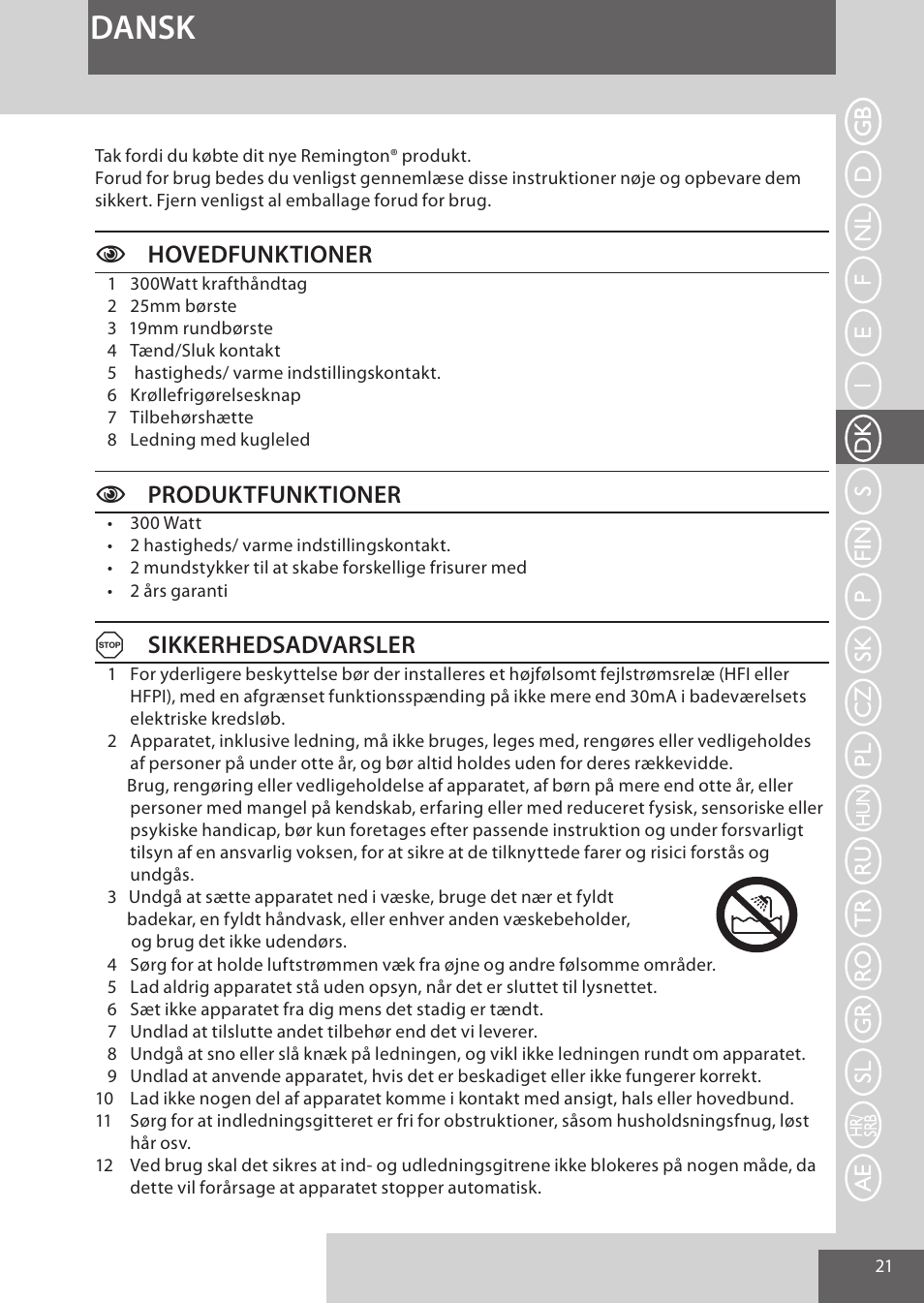 Dansk, Chovedfunktioner, Cproduktfunktioner | Asikkerhedsadvarsler | Remington AS300 User Manual | Page 21 / 72