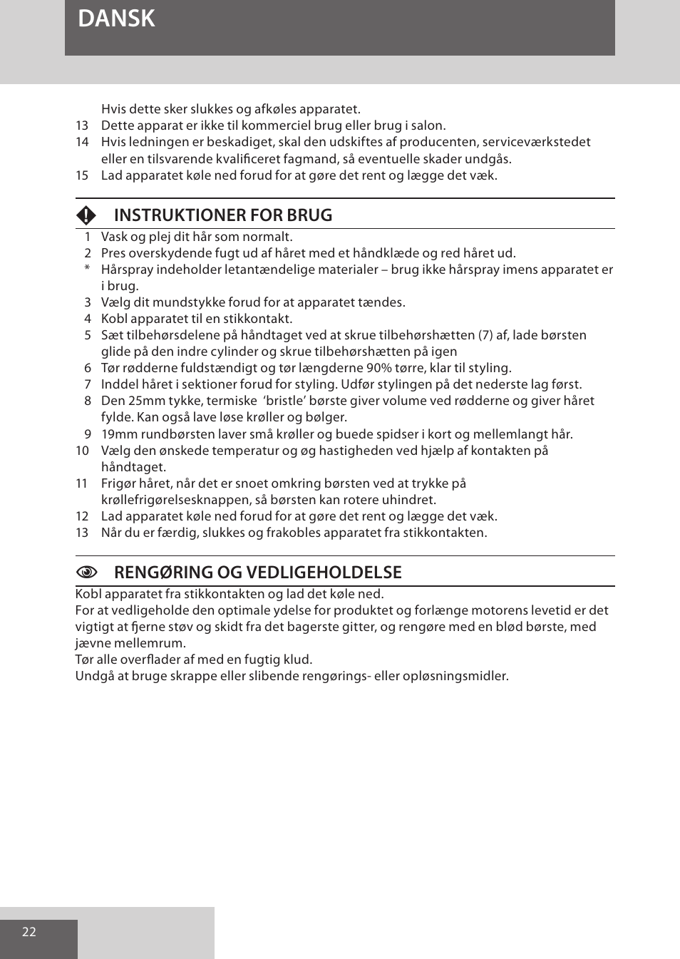 Dansk, Finstruktioner for brug, Crengøring og vedligeholdelse | Remington AS300 User Manual | Page 22 / 72