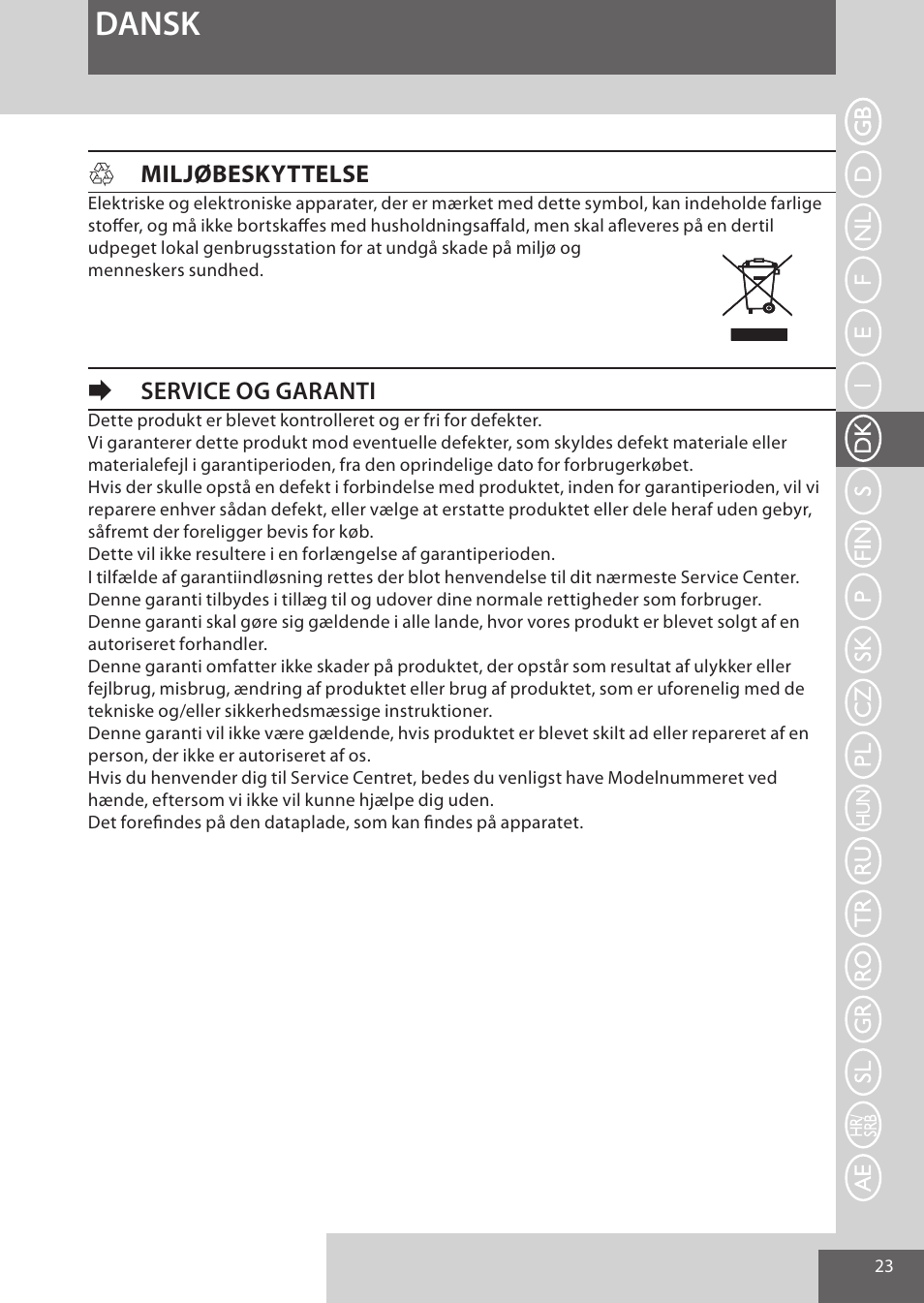 Dansk, Hmiljøbeskyttelse, Eservice og garanti | Remington AS300 User Manual | Page 23 / 72
