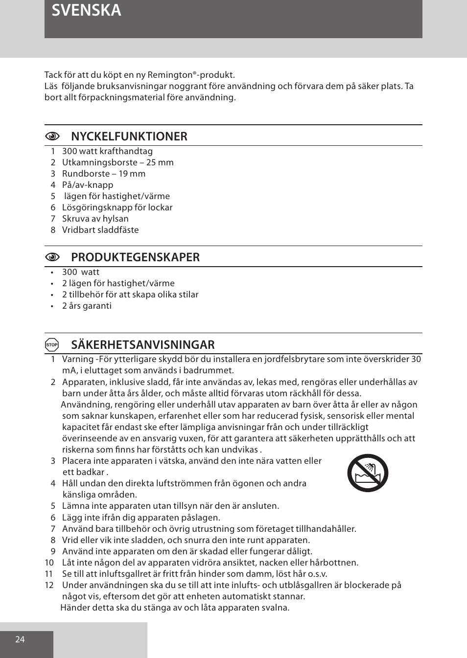 Svenska, Cnyckelfunktioner, Cproduktegenskaper | Asäkerhetsanvisningar | Remington AS300 User Manual | Page 24 / 72