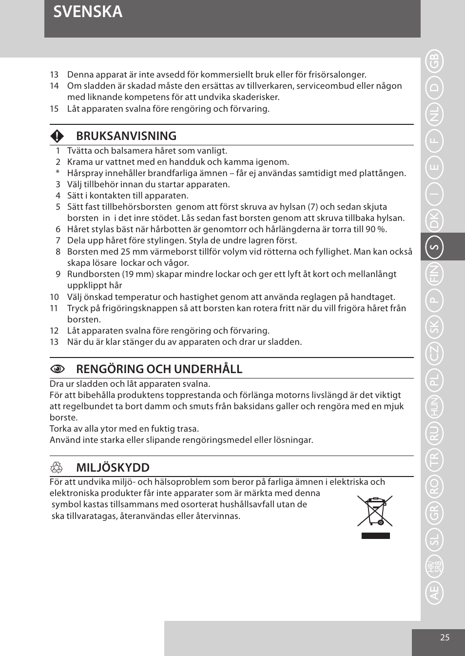 Svenska, Fbruksanvisning, Crengöring och underhåll | Hmiljöskydd | Remington AS300 User Manual | Page 25 / 72