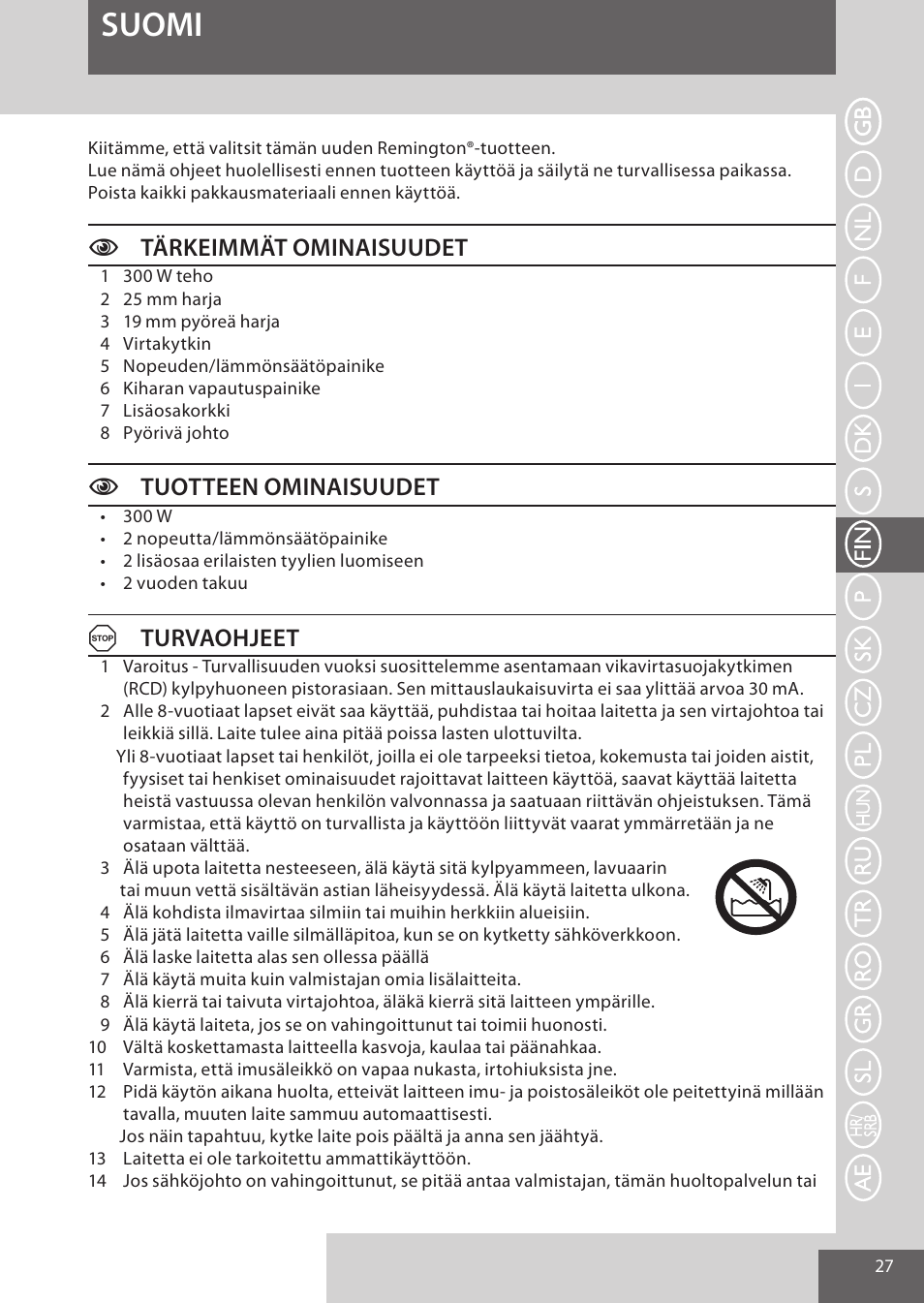 Suomi, Ctärkeimmät ominaisuudet, Ctuotteen ominaisuudet | Aturvaohjeet | Remington AS300 User Manual | Page 27 / 72