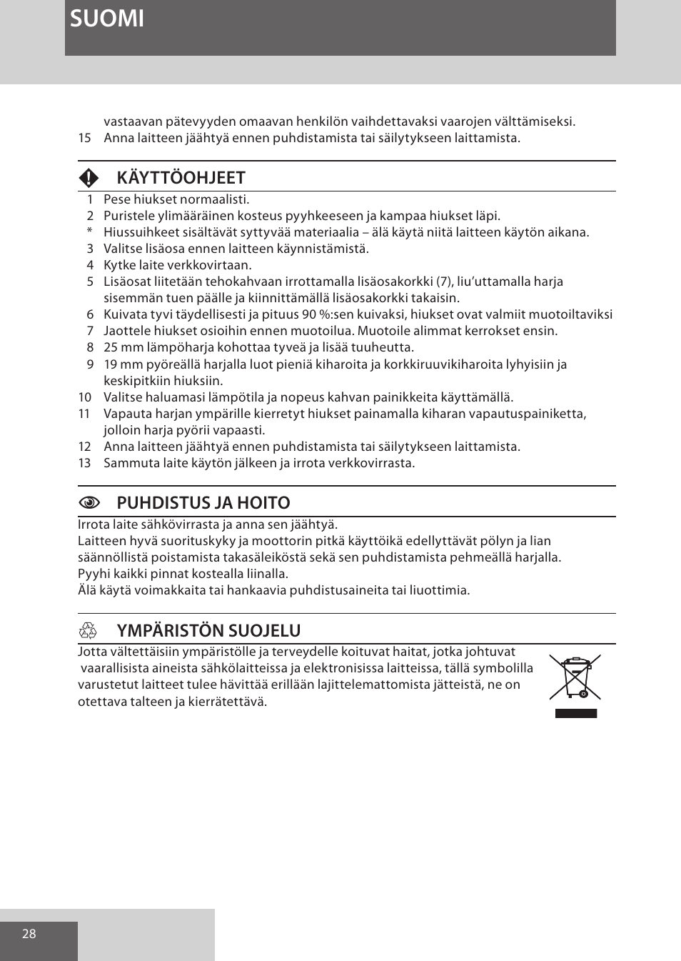 Suomi, Fkäyttöohjeet, Cpuhdistus ja hoito | Hympäristön suojelu | Remington AS300 User Manual | Page 28 / 72