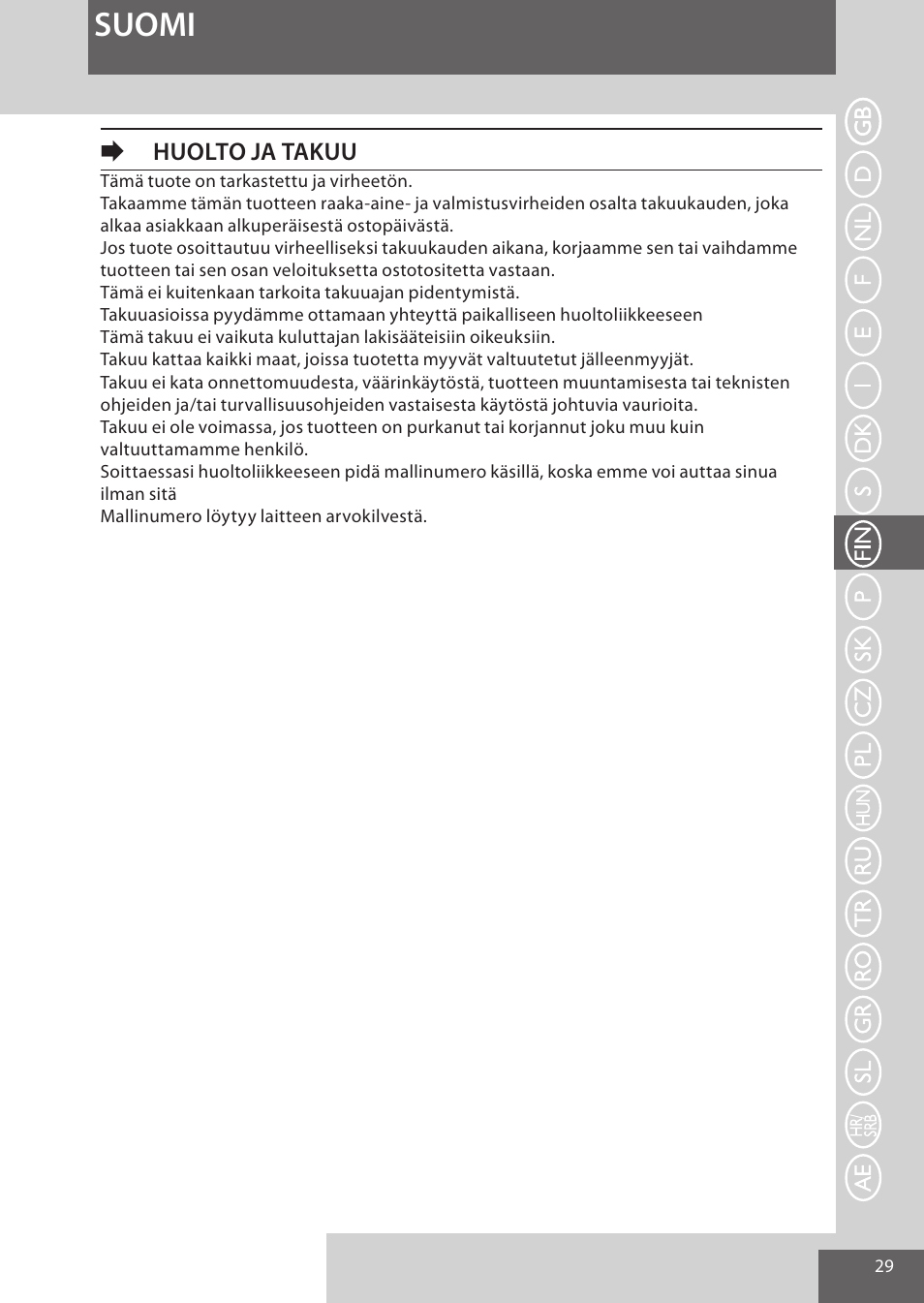 Suomi, Ehuolto ja takuu | Remington AS300 User Manual | Page 29 / 72