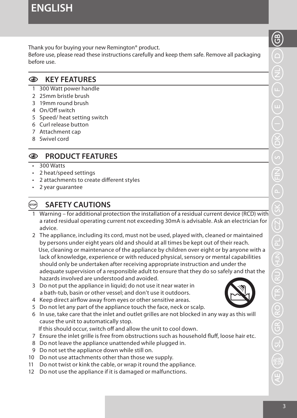 English, Ckey features, Cproduct features | Asafety cautions | Remington AS300 User Manual | Page 3 / 72