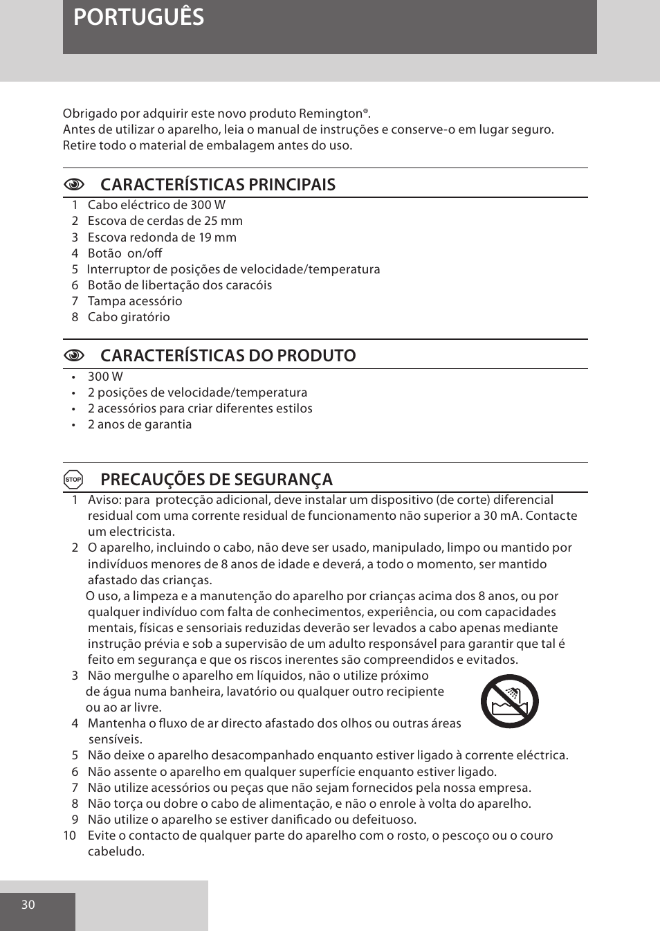 Português, Ccaracterísticas principais, Ccaracterísticas do produto | Aprecauções de segurança | Remington AS300 User Manual | Page 30 / 72